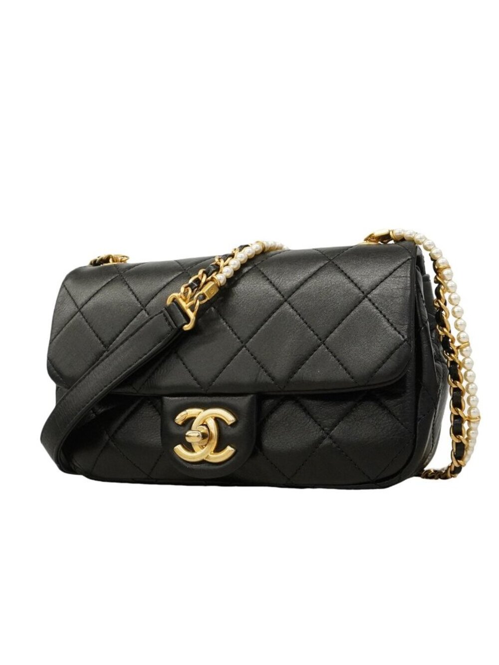 Chanel Shoulder Bag Mini Quilted Lambskin Black Gold